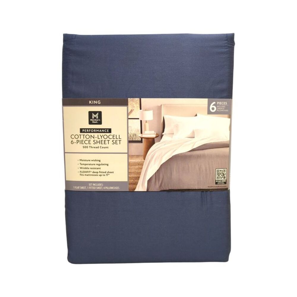 Washed Indigo - Member's Mark 500TC Performance Cotton-Lyocell Sheet Set, 6 Piec